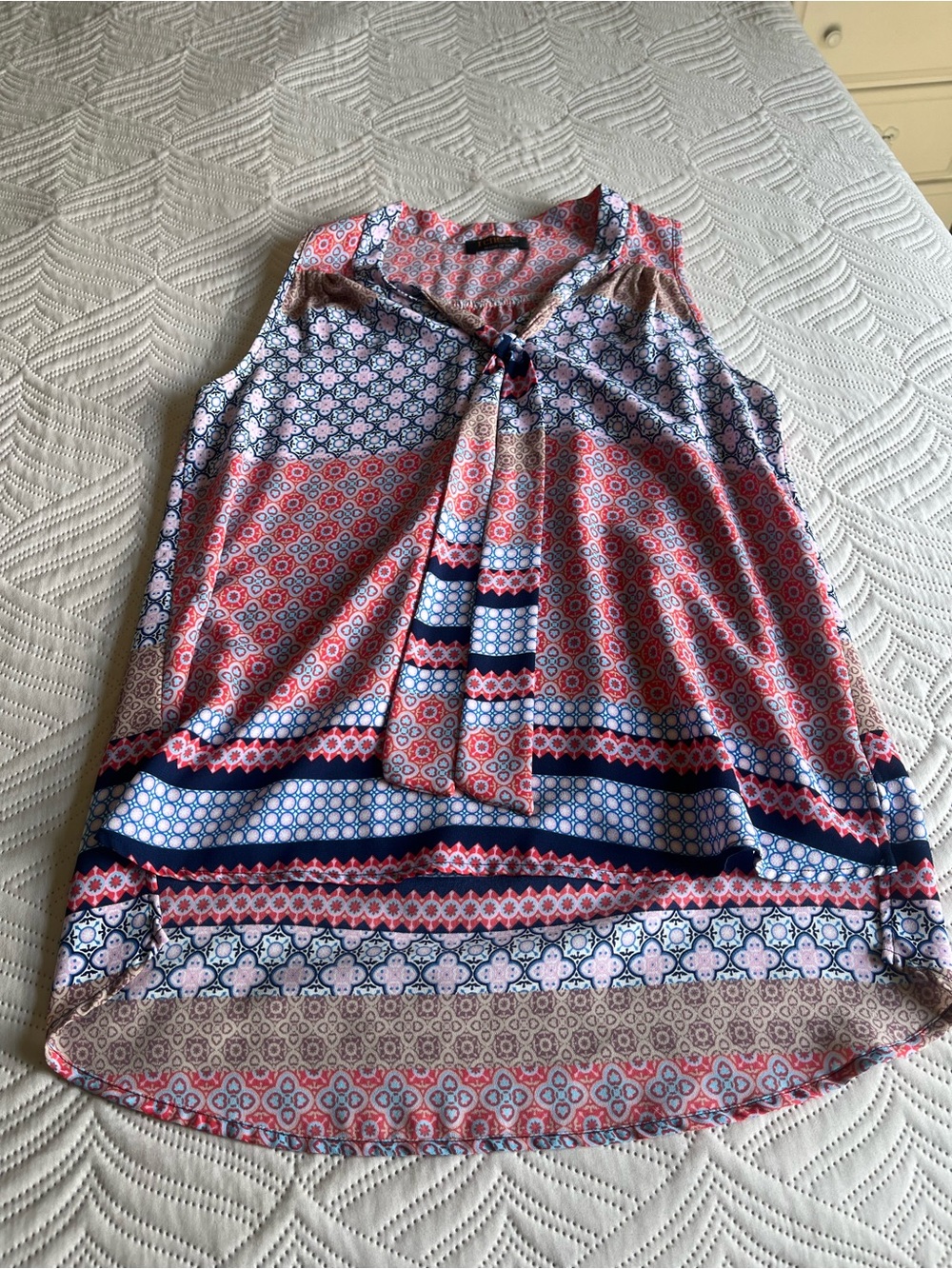 Renee C. Sleeveless Tie-Neck Blouse - Red, Navy & White